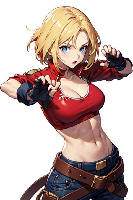 marykof 1girl, solo, short hair, blonde hair, blue eyes, large breasts, forehead, parted hair red shirt, belt, taut shirt, crop top, navel, blue gloves, baggy pants, pants