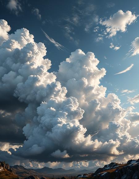 (Fluffy white clouds:0.5) drift across a (dark, moody sky:0.5), with a (serene, sunny day:0.5) atmosphere, photorealistic, cinematic, 8K sharp focus, Unreal Engine 5.