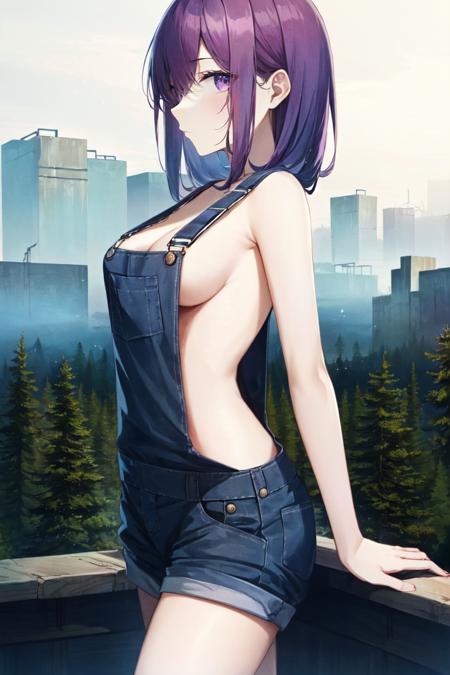 masterpiece, best_quality, 1girl, solo, naked overalls, bare shoulders, purple hair, medium breasts, round, in a dystopian landscape