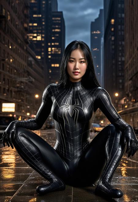 score_9, score_8_up, score_7_up, best quality, realistic, masterpiece, beautiful detail, hyperrealistic, night, ((1girl, woman body, big breasts)), amazing detailed full body portrait of a sexy korean girl, wearing a realistic and highly detailed black raimi spider-man suit, ((huge muscular girl)), professional model wears ultra - detailed black raimi spider - man suit, ultra - detailed and grained black raimi spiderman suit, suit covered entire body and hand, black spiderman gloves, wet, (black hair, sitting, smile), (full body), (dirty skin), octane render, highly detailed, volumetric, dramatic lighting, (highest quality:1.1), (HDR:1.3), (top quality, best quality), realistic, high definition,
