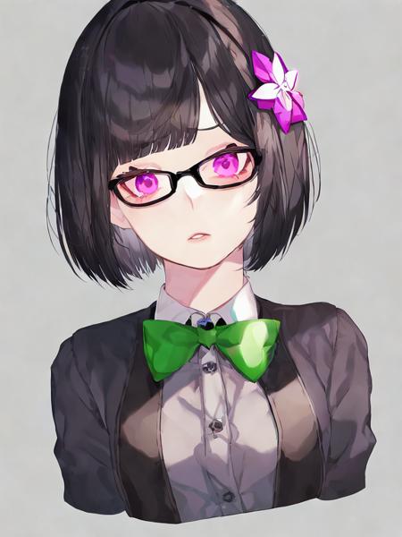 hair flower,star hair ornament,glasses,collared shirt,green bowtie,1girl,short hair,buttons,parted lips,looking at viewer,portrait,cropped shoulders,grey background,simple background,black ribbon,by kayahara,solo,blunt bangs,black flower,hair ribbon,gradient background,star (symbol)