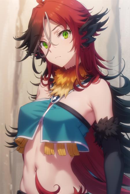 illy, long hair, bangs, animal ears, hair between eyes, (green eyes:1.3), ahoge, red hair, multicolored hair, two-tone hair, monster girl, bare shoulders, wings, midriff, feathers, feathered wings, harpy, winged arms, talons, bird legs,