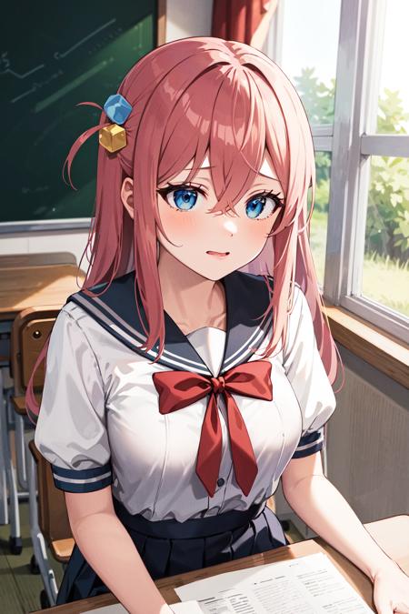 masterpiece, best quality, highres, gotou1, gotou hitori, solo, bangs, hair between eyes, short sleeves,  school uniform, skirt, shirt, sailor collar, medium breasts, <lora:gotou_hitori_v1:0.7>, classroom, sitting, chair,