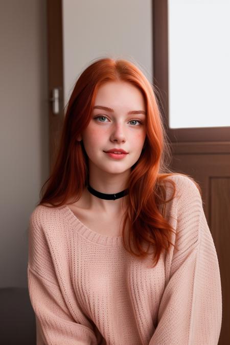 raw photo,close up, (18yo redhead girl:1.2), cheek dimples, blushing, graphic eyeliner, rouge, (lipstick:0.6), (choker:0.9), realistic skin texture, oversize knit sweater, (red:0.8), softcore, warm lighting, cosy atmosphere, instagram style, nsfw , naive, shy, short, thin, fit, beautiful, cute