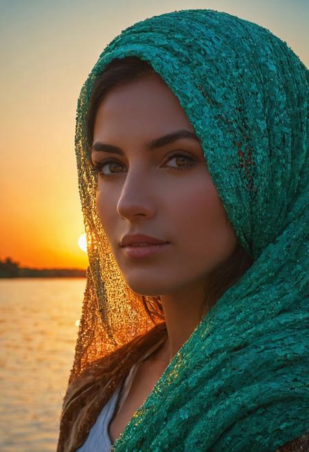 Centered, Vibrant, Epic low angle view. A paint in rough pointillism style, coarse oil painting. A veiled face of beauty Italian woman with deep glad gaze on the viewer, in a traditional cosy houseboat. Her face is illuminated by soft sunset light. Stunning sunset background, with a calm lake with turquoise and orange shades. Detailed texture. Gradient natural colours. Selective, glimmering, shining natural dynamic light. Shaded colours, chiaroscuro, sharp focus. A masterpiece. Selective light