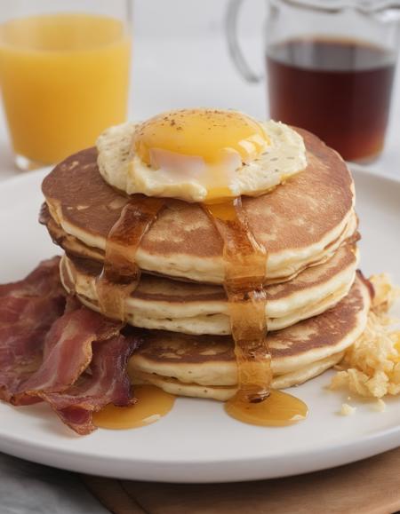 A classic American breakfast plate with fluffy scrambled eggs, crispy bacon, golden hash browns, and a stack of buttermilk pancakes drizzled with maple syrup, served on a white ceramic plate.