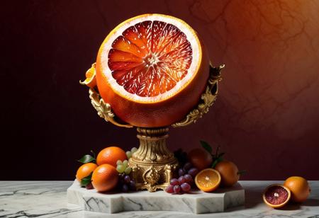 blood orange style, Dionysus reimagined as a blood orange-crafted sculpture, body intricately composed of segmented fruit, glowing highlights, fluid arrangement of segments suggesting motion, surrounded by a feast of grapes, wine, and fruits, soft warm lighting, baroque-inspired setting, ornate marble pedestal, ultra-realistic textures, crimson-orange and golden hues, cinematic composition, surreal and mythic ambiance, reverent and vivid artistry