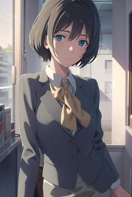 yukariyukino, <lora:yukari yukino movie-lora-nochekaiser:1>,
yukari yukino, short hair, black hair, blue eyes, hair between eyes, smile
BREAK shirt, collared shirt, white shirt, ascot, blazer, peach blazer, skirt, pencil skirt,
BREAK indoors, classroom,
BREAK looking at viewer, (cowboy shot:1.5),
BREAK <lyco:GoodHands-beta2:1>, (masterpiece:1.2), best quality, high resolution, unity 8k wallpaper, (illustration:0.8), (beautiful detailed eyes:1.6), extremely detailed face, perfect lighting, extremely detailed CG, (perfect hands, perfect anatomy),