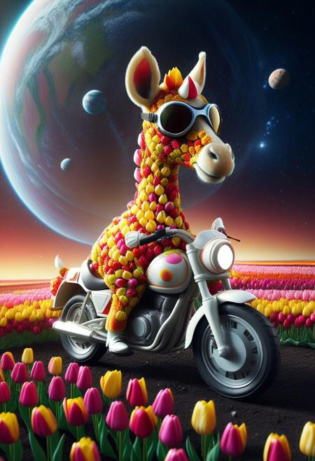 (made of tulips:1.3), cute small Tulip motorcycle, astronaut giraffe riding on, wear round goggles, wear animal ears helmet, from side, run through on space planet ground, space background, jaynl-tm, Tulip texture, cinematic, cinematic lighting, (masterpiece, best quality:1.4), ultra-high res, 4k, insanely detailed, sfw,