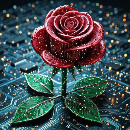 ,pcb_style,  best artist, best shadows, best lighting, best textures, masterpiece, 
Rose made of circuit board, glowing lights, cyberpunk, dewdrops, bokeh,