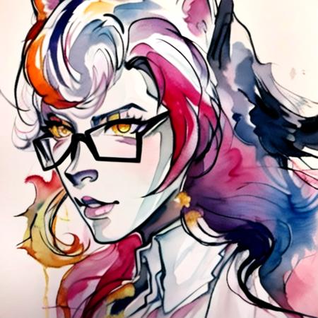 masterpiece, 1girl, wolf ears, animal ear fluff, tail, dark skin, orange hair, yellow eyes, glasses, office lady,  <lora:inkpun:1.1> inkpun,  paint splatter, splatter,dripping,  colorful, watercolor (medium) DarkSkin_Style <lora:yae miko_Mediumpruned:1>