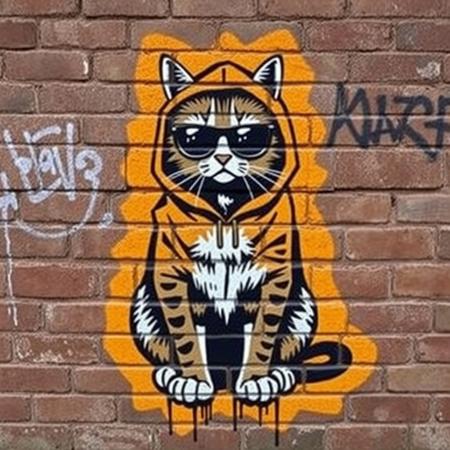 brick wall, graffiti art of 1 housecat, cat is wearing hoodie, cat is sitting on all 4 legs, cat is wearing dark sunglasses, intimidating presence, graffiti writing