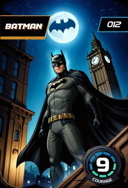 (best quality, masterpiece, absurdres, highres, ultra_detailed, dynamic angle:1.2), herocard, courage9, portrait of Batman, black long cape, cityscape, clock tower, by night, view from below, contrapposto, index012, (intricate details, hyperdetailed:1.15), (ultrahigh resolution textures), bokeh, (volumetric, cinematic) lighting, depth of field, <lora:marvel_promo_cards_2023_locon_xl_hero_v1:0.8>