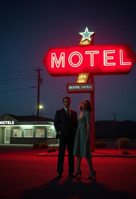 A sharply dressed couple stands beneath a flickering motel sign, surrounded by silence and desert dusk, their posture caught mid-story., cinematic realism, modernist solitude, noir atmosphere, vintage fashion, narrative stillness, emotional isolation, dramatic lighting, 20th-century interiors, subdued color palette, structured composition, narrative ambiguity, stylized realism, American urban scenes, romantic detachment, painterly precision, nostalgic tone, expressive silence, stark contrasts, psychological nuance, intimate storytelling