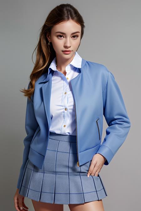 face portrait, woman, collared shirt,wearing blue jacket, open jacket, long sleeves, grey skirt  <lora:bbhollyyv3:1> bbhollyy,