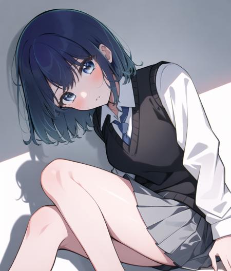 KurokawaAkane; fanart; 1girl,   black sweater vest, blue eyes, blue hair, blue necktie, collared shirt, feet out of frame, grey skirt, long sleeves, looking at viewer, lying, medium hair, messy hair, mismatched pupils, necktie, on side, parted lips, pleated skirt, shadow, shirt, skirt, solo, sweater vest, swept bangs,  white shirt
<lyco:oshinoko-s1-step-60000:1.0>