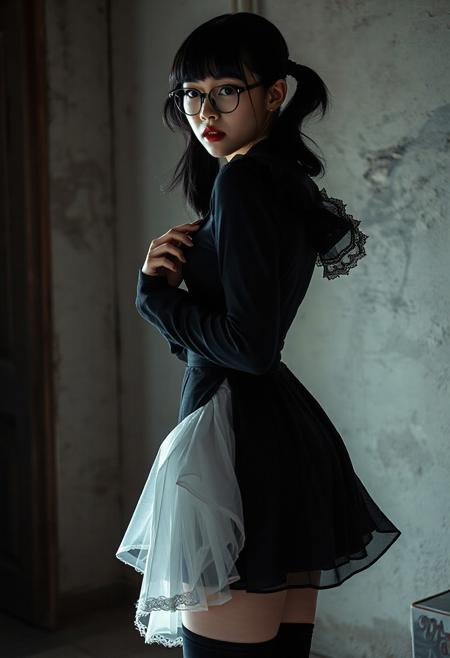 DLSR photograph of a tall, slender, beautiful extremely sexy 26 year old korean model .
lighting<lora:MoriiMee_Gothic_Niji_Style_FLUX:0.3500000000000001> <lora:AsirAsianPhotographyflux:0.7000000000000002>
1girl, porcelain skin, blush, dark purple eyes, bags under eyes, crazy eyes, jitome, desperate gaze, round glasses, upturn nose, black hair, glossy hair, glossy lips, twintails, blunt bangs, gloomy, obsessive, parted lips, evil smile, medium breasts, ornate clothes, black frilled blouse, black miniskirt, white petticoat, long sleeves, puffy sleeves, black thighhighs, mary janes standing, from side, looking at viewer, hand on own chest, skirt hold, upper body
BREAK 
dilapidated house, dark, masterpiece, best quality, very aesthetic, absurdres, vignetting, chiaroscuro, hard shadows, Expressiveh