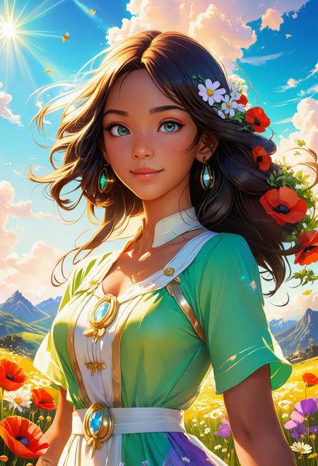 1 black girl standing in a sunlit field of wildflowers (daisies, poppies, and lavender), surrounded by rolling green hills with majestic snow-capped mountains in the distance. Bright blue sky with fluffy white clouds, golden sunshine creating soft lens flares. The girl has (detailed sparkling eyes) and (flowing hair in the wind), wearing a (light summer dress). Ultra HD 8K resolution, anime-style coloring with vibrant yet natural tones, Studio Ghibli-inspired background with Miyazaki-style clouds, Makoto Shinkai-level lighting effects. Depth of field with slight bokeh on foreground flowers