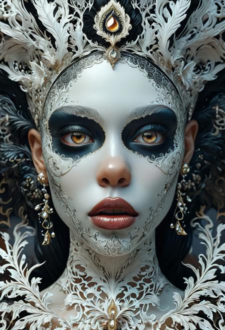 This captivating portrait, created by artists Karol Bak, James Jean, Tom Bagshaw, and inspired by Rococo, features a white-eyed, black-skinned monster with a mouth full of sharp fangs. The attention to detail and sharp focus make this piece stand out, as it trended on ArtStation. The cinematic lighting, hyper-realism, and Octane render contribute to the image's striking appearance.
The 8K, ultra-detailed, and highly detailed portrait showcases vivid and hyper-detailed elements, making it an exceptional piece of art. The combination of these elements creates a visually stunning and thought-provoking image that is sure to captivate viewers with its extraordinary level of detail and artistic prowess.