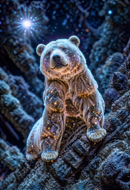 (dappled lighting:1.3), floating  in the void of outer space an ethereal sihlouette of (Ursa Major – the Great Bear and Ursa Minor – the Little Bear) giving off an eerie glow, ancient celestial bodies in the background, polar stratospheric clouds,