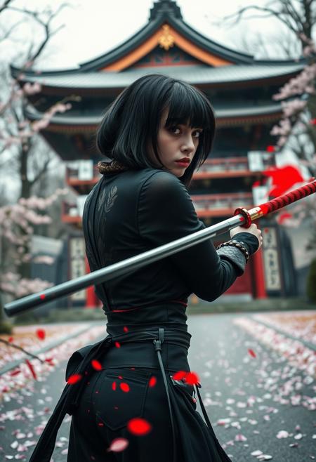 A chic and mysterious scene featuring a hippie woman with short, black hair and a sly glance over her shoulder, half-turned. She is dressed in an avant-garde, Gothic-inspired Hans Rudi Giger-esque fashion, with a touch of traditional samurai attire. The woman wields a katana, causing red paint to fly off as she swings it, creating a motion effect. The background is a blurred exposure of a Buddhist pagoda in a forest, with fallen sakura petals lining the avenue. The atmosphere is a mix of fashion, cinematic flair, and a hint of surrealism., photo, fashion, cinematic