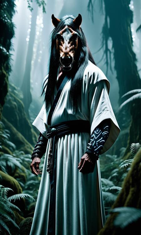 cinematic photo ((masterpiece)),((best quality)),8k,high detailed,ultra-detailed,intricate detail,((no humans)),((mamian)),dynamic pose,(two legs),((face to viewer)),eerie,horror,underworld,Chinese folklore, ((giant mamian)) wearing a white robe in a dark forest of the Underworld,A fearsome emissary of the netherworld,Soul-reaping messenger,In the eerie realm of the Underworld,at the foot of the Shadowy Mountains,<lora:mamiangui_V1:0.8>, . 35mm photograph, film, bokeh, professional, 4k, highly detailed