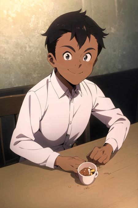 don, neverland, 1boy, solo, upper body, indoors, eating, sitting, dark-skinned male, looking at viewer, shirt, black hair, smiling, white shirt, male focus, collared shirt, black eyes, parody, style parody, anime coloring, <lora:Don:0.7>