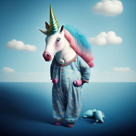 a surrealist sleepyheaded unicorn wearing pajamas inspired by Davegore and Yves Tanguy and Kahn Nova and Mark Ryden, muted colors, 128k, photorealistic, Houdini 3d, extremely intricate, ultradetailed, cinematic lighting, epic composition , <lora:LilYunicorn2-05:1> <lora:chibiStyle_v1:1> <lora:lunadiffusion22:1>