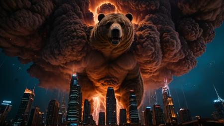 cinematic film still (a massive brown cloud floating over a futuristic city skyline),viewed from ground level,(cloud resembling a bear:1.1),((masterpiece)),((best quality)),8k,high detailed,ultra-detailed,people looking up in awe,cinematic lighting,sci-fi atmosphere,glowing neon lights,tall skyscrapers,dramatic shadows,cityscape,cyberpunk elements,epic composition,wide-angle shot,(8k, RAW photo, best quality, masterpiece:1.2),realistic,Movie Still,Film Still,Cinematic,Cinematic Shot,Cinematic Lighting,. shallow depth of field,vignette,highly detailed,high budget,bokeh,cinemascope,moody,epic,gorgeous,film grain,grainy,<lora:xl_more_art-full_v1:0.8>,<lora:detailed_notrigger:1>,<lora:JuggerCineXL2:1>,