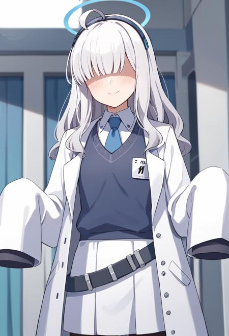 millennium-mob-b, hair over eyes,blue eyes,white hair,long hair,ahoge,halo,headband,white coat,sleeves past fingers,sweater vest, necktie, white skirt, black pantyhose,black footwear