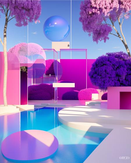 a pink room with a pool and a tree in the background and a pink chair and a pink table in the foreground and a pink wall with a pink wall, Beeple, c4d, a raytraced image, hypermodernism ,  Beeple, redshift render, a raytraced image, global illumination, a 3D render,  volumetric light, photorealism, vaporwave