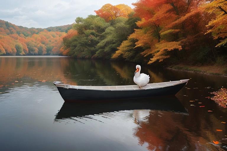 a silver boat in the shape of a swan floats on an autumn forest lake, the surface of the lake is strewn with amber leaves