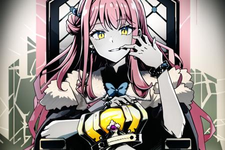 <lora:KING:0.9>, king, looking at viewer, holding, jewelry, earrings, bracelet, crown, throne, <lora:MikaMisono_v08Beta:0.7>, mika_misono, pink hair