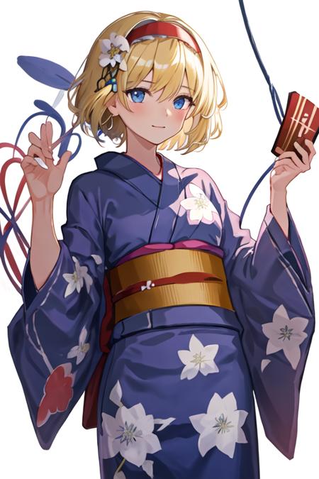 best quality, masterpiece, highres, solo, {yukata:1.40}, {kimono:1.20}, {alice_margatroid_touhou:1.15}, blonde_hair, short_hair, hairband, blue_eyes, capelet