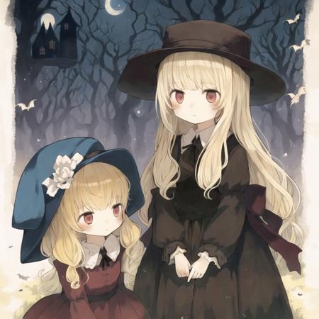 <lora:sakutake-2:1>,  sakutake \(ue3sayu\), 

 2girls, blonde hair, blue hair, cover, cover page, hat, multiple girls, vampire