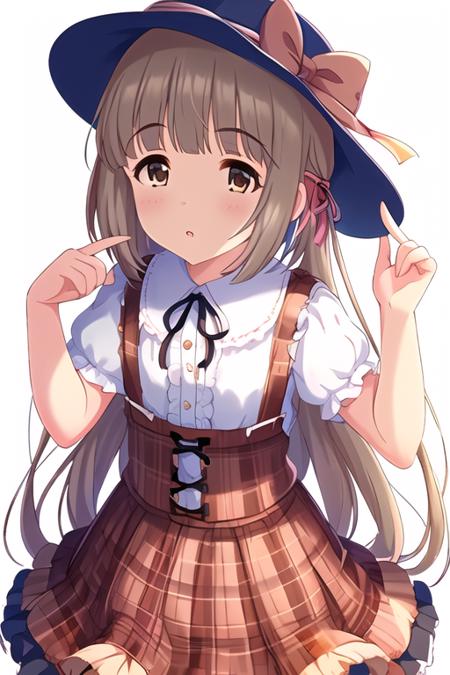 yorita yoshino, long hair, very long hair, 1girl, blue background, blush, bow, brown eyes, brown hair, finger on forehead, frilled shirt, frills, hair bow, hair ornament, hair ribbon, hand up, hat, looking up, parted lips, plaid, plaid ribbon, plaid skirt, ribbon, scrunchie, shirt, short sleeves, simple background, skirt, solo, suspender skirt, suspenders
<lora:deresute-000016:1>