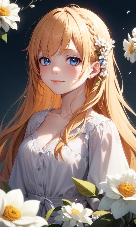 (masterpice, best quality, high quality, highres:1.4), extremely detailed, detailed skin, ambient soft lighting, 4K,
1girl, upper body, color splashes, line art, art, fibonacci, flower ornament, hair flower, white flowers, looking at viewer, smile, cleavage, blue eyes, closed mouth, abstract, blonde hair, long hair,