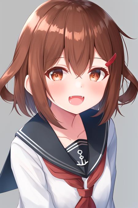 masterpiece, best quality, highres, solo, {ikazuchi_kantaicollection:1.10}, brown_hair, short_hair, hairclip, hair_ornament, brown_eyes, serafuku, fang, open_mouth, smile, blush, 1girl, neckerchief, red_neckerchief, school_uniform, upper_body, looking_at_viewer, sailor_collar, anchor_symbol, long_sleeves, black_sailor_collar