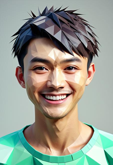 man made of polygon, hair made of polygon, clothes made of polygon, Polygonal shapes, geometric designs, three-dimensional models, ((low poly)), minimalism, straight on view, a young Japanese man, fashion model, french crop (haircut), bright-eyed enthusiasm with a wide, toothy grin, Close-Up Shot, (((polygon)))