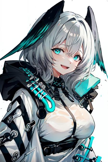 <lora:hoolheyak:1>hoolheyak(arknights), 1girl, head wings, open mouth, simple background, :d, solo, white background, upper body, aqua eyes, open coat, hood, smile, grey hair, shirt, coat, looking at viewer, open clothes, large breasts