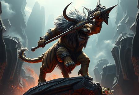 Create a highly detailed, hyper-realistic  of a minotaur from Path of Exile, half tiger, in an action pose on a Dimensionhole, with a giant weapon. Incorporate elements of the Lord of the Rings minotaur and the character Lobo. The image should be rendered in 8K, with cinematic lighting, and have a smooth, sharp focus. Style inspirations include Makoto Shinkai, Syd Meade, Simon Stalenhag, Ruan Jia, and Kentaro Miura.