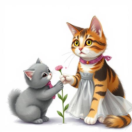 a small beautiful gray puffy cat wit a tie giving a flower to a big surprised calico cat with hairbow and dress