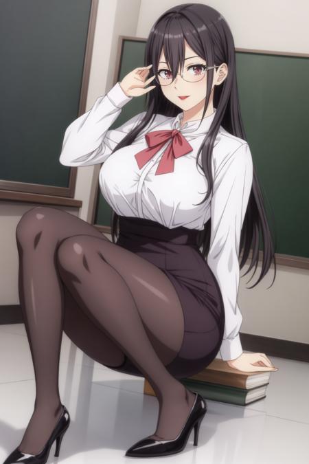 mayuri hanyuu, brown eyes, black hair, long hair, medium breasts, red lips, glasses, white shirt, pencil skirt, black pantyhose, high heels,  