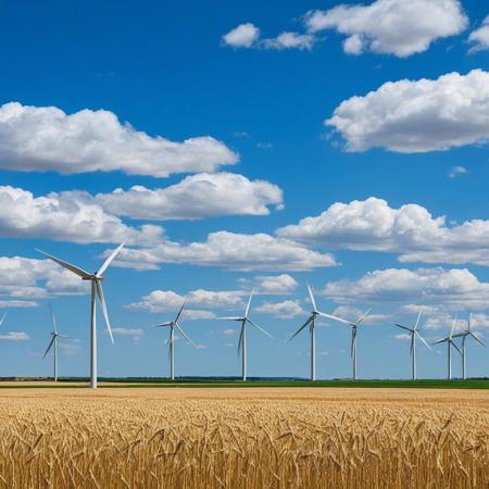 Windmills with 4 grinding blades rotating by the force of the wind activating it, background large wheat fields and blue sky with cumulus clouds