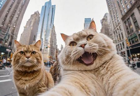 (dogs and a big fat fluffy cat, smiling taking a selfie) with a (super wide angle lenses:0.67). happy vibes, New York city center backdrop. warm lighting. Masterpiece, 8k uhd, iconic, cinematic