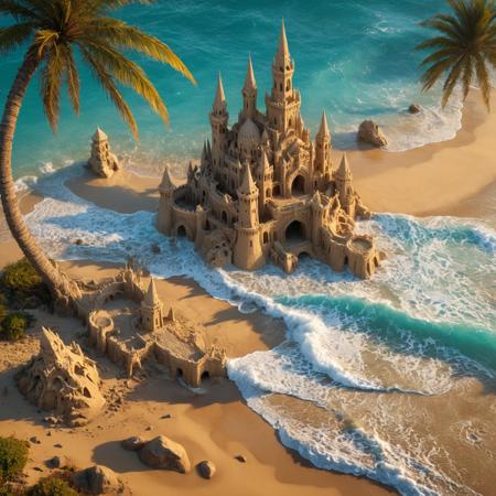 high definition, cinematic film still. a majestic, intricately designed sandcastle, with towering spires and grand arches, stands precariously on the shoreline as the turquoise ocean waves surge past eroding the structure, causing parts of it to crumble and fall into the foamy surf. Palm trees, sand dunes, rocks, driftwood, golden light of the setting sun casting long shadows across the wet sand.