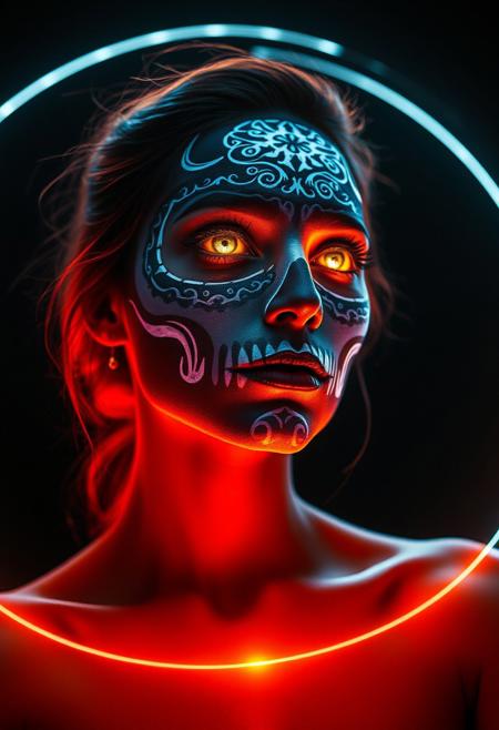Glowing woman casting a warm light, giving the picture a luxurious shade, intricate face paint in the style of a skull, The image is a vibrant, with intricate lines, the colour scheme is dominated by almost translucent white moonlight, 
 a human figure in a clack circle intersected by several line, lean and agile, acrobatic, portraying the agility and strength of an athletic body, cinematic photography, highest quality, beyond the black rainbow into the dark portal,
 These designs include intricate patterns around her eyes
