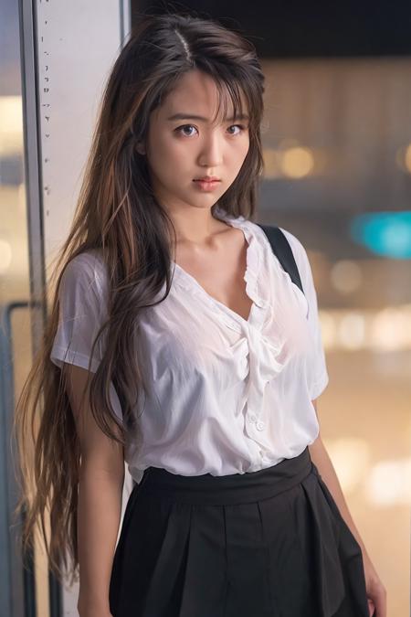 Fujifilm XT3, 8k,close up photo, masterpiece, best quality, (((1girl))), solo,realistic, ((looking at viewer)), photorealistic, (extremely detailed face), looking at viewer, ultra-detailed eyes and pupils, ultra detailed, serious expression, standing against a city skyline at night, cropped top,shirts, Suit skirt, <lora:fandaoai:0.8>