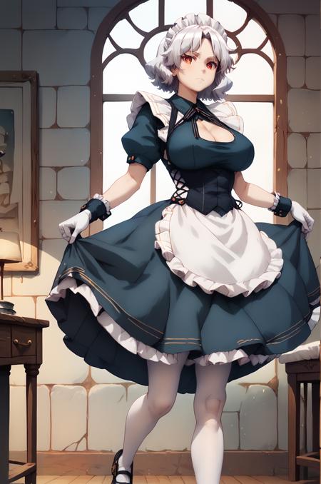 BTTina a woman in a maid outfit, black dress, white gloves, (white pantyhose, black footwear):0.7