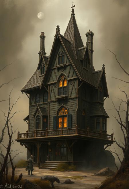 A gothic, haunted house with rich, textured hatching, but its edges fade into a misty, ethereal blur, making the structure feel half-remembered, like a dream slipping away., realism and fantasy, detailed character design, imaginative world-building, richly textured environments, dynamic poses, expressive figures, steampunk elements, historical fantasy, dramatic lighting, earthy muted colors, sense of adventure, narrative-driven, cinematic quality, immersive scenes